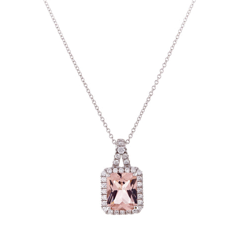 P2021-P - Rhodium, rectangle pink cz pendant on fine silver chain