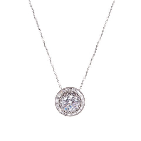 P19687 - Rhodium round cz pendant on fine chain