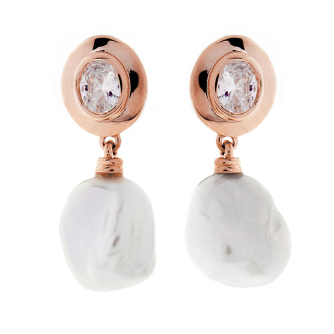 E176-RG Rose gold, cz & keshi pearl earrings