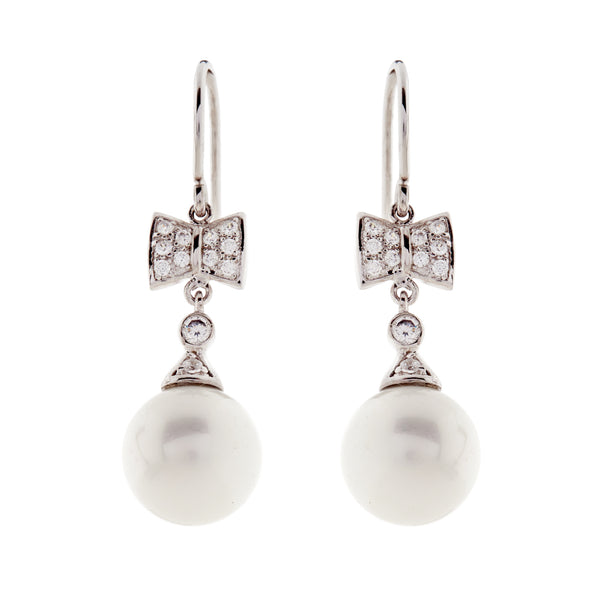 Rhodium cz bow & 12mm pearl drop earrings - E120